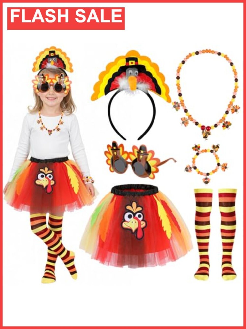 Turkey Costume Set Tutu Headband Glasses Socks Thanksgiving Party